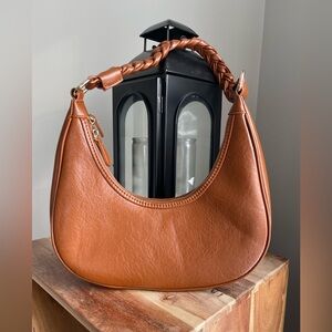 Chic Brown Crescent Faux Leather Shoulder Hand Bag / Hobo with Braided Strap